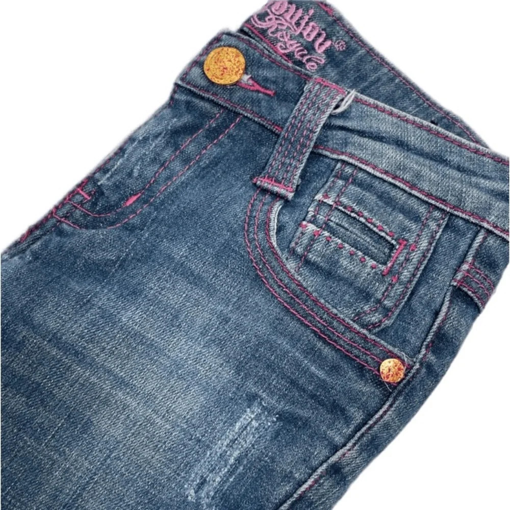 Vintage Y2K Jeans Pink Embroidered Distressed Medium Wash Denim Girls Size